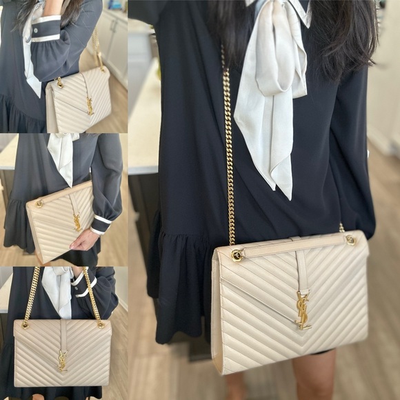 Auth SAINT LAURENT Grain De Poudre Matelasse Chevron Large Monogram Satchel Bag - Picture 16 of 16